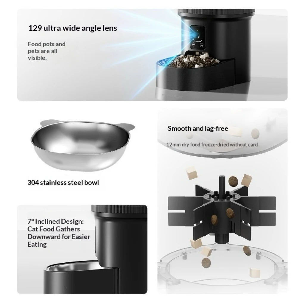 Smart Automatic Pet Feeder with 1080P HD Camera, 4L Wifi App Controlled Dog Cat Food Dispenser, 2-Way Audio, Dual Power,